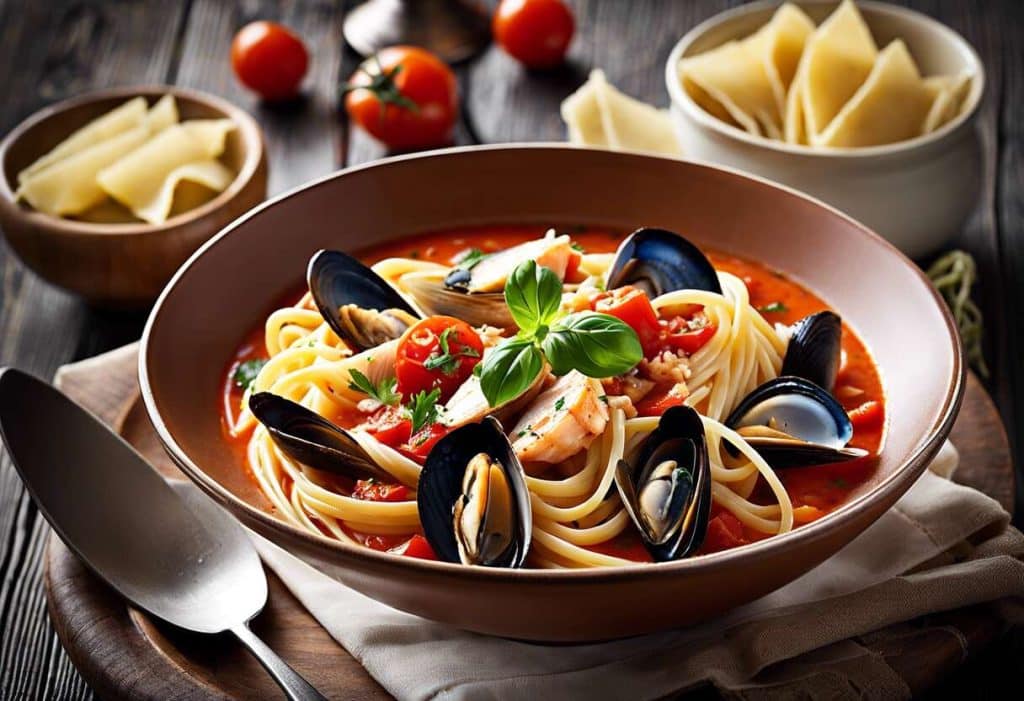 Recette facile de zuppa di pesce e pasta : soupe de poisson et pâtes italienne